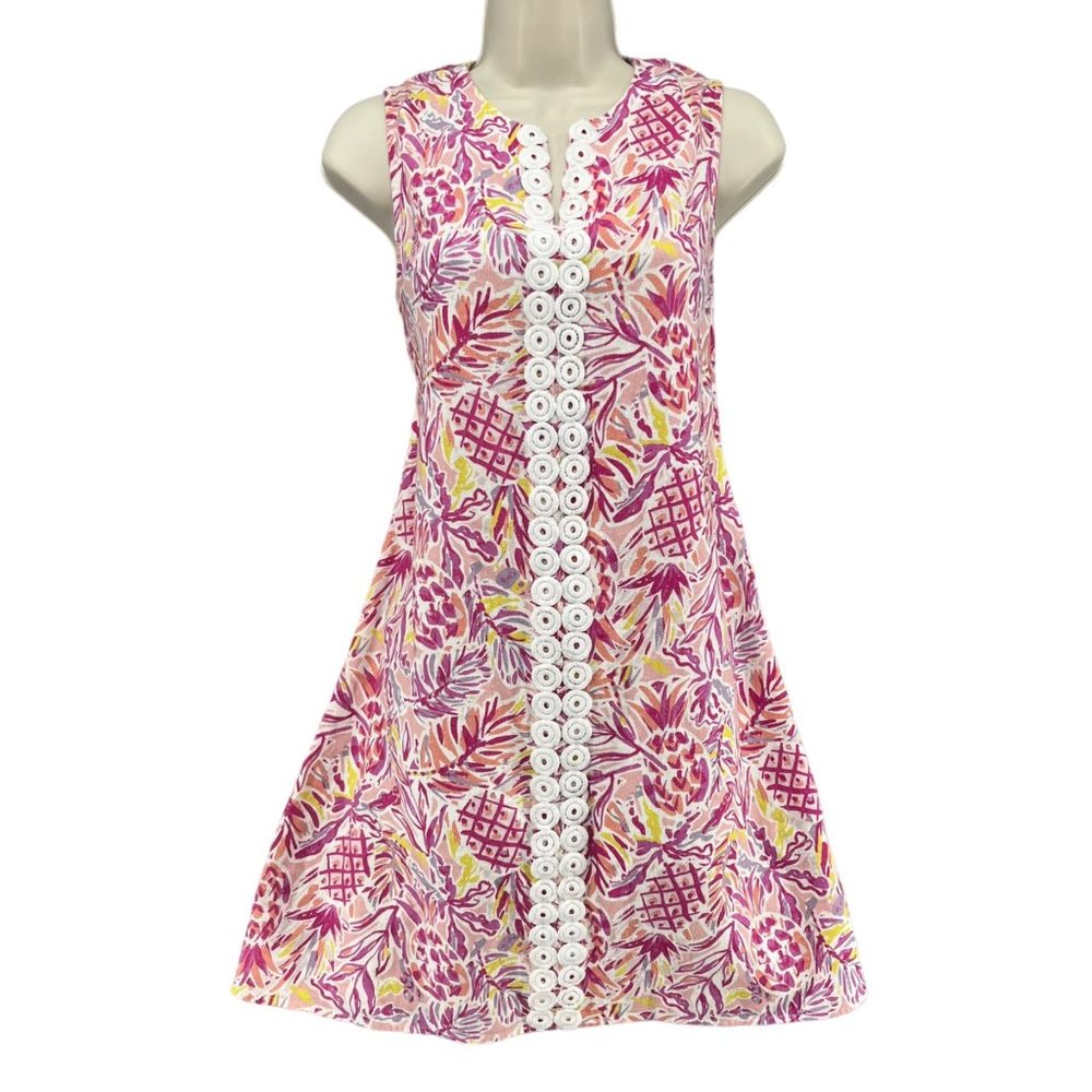 Charlie Paige Shift Mini Dress Multicolor Pineapple Print Embroidered Size S